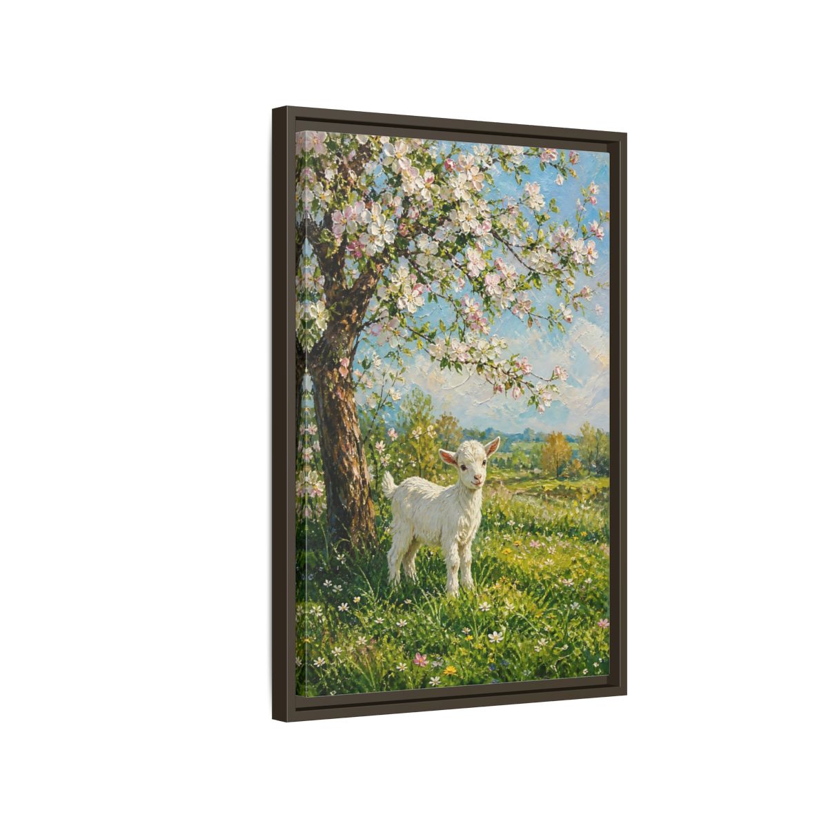 Side Mockup 2. Animals Baby Goat Spring Meadow Goat shown as stretched canvas wall art