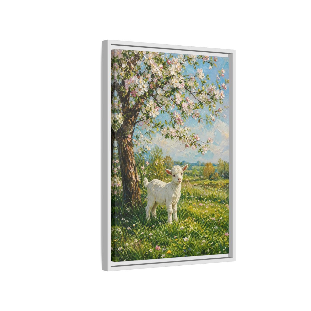 Side Mockup 1. Animals Baby Goat Spring Meadow Goat shown as stretched canvas wall art