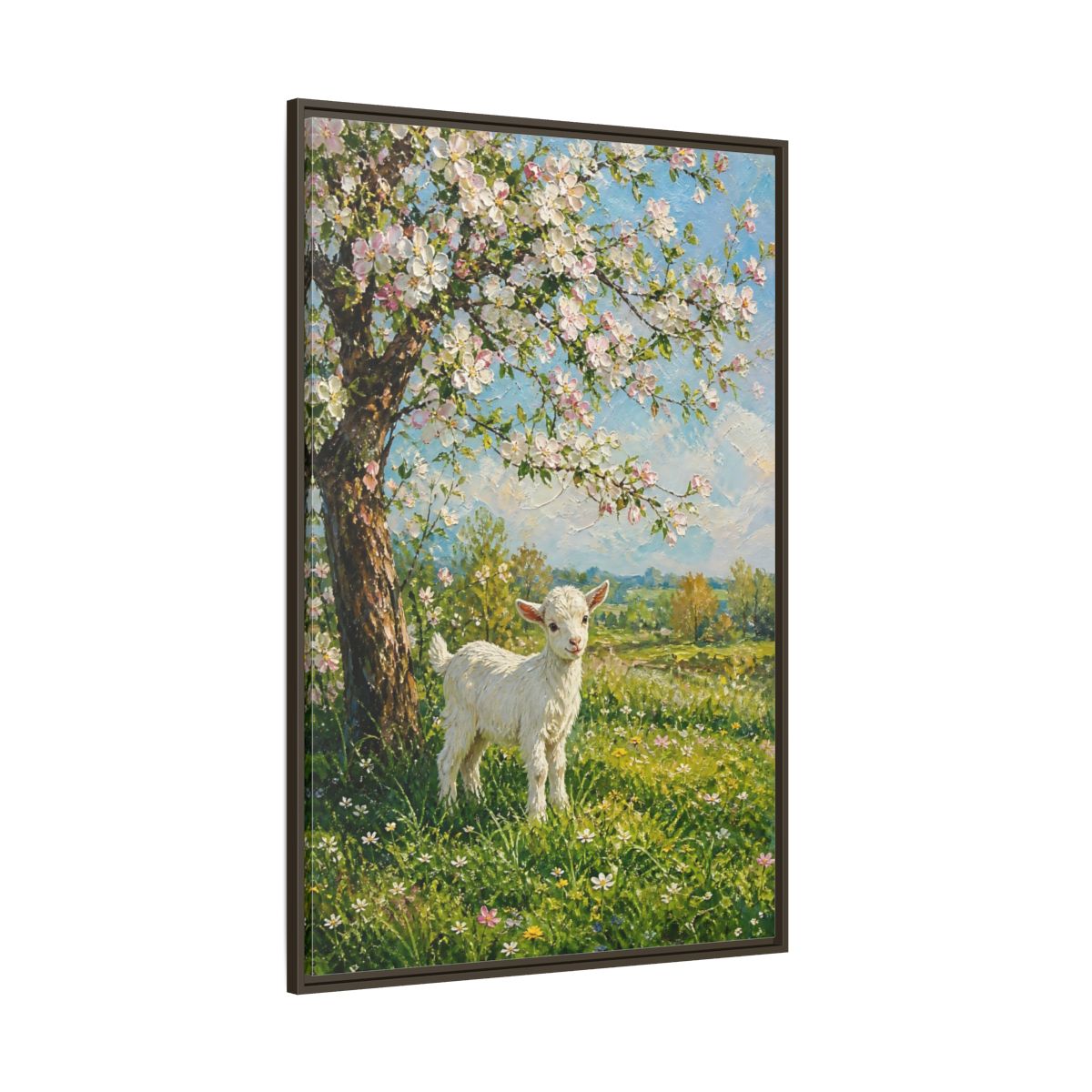Side Mockup 8. Animals Baby Goat Spring Meadow Goat shown as stretched canvas wall art