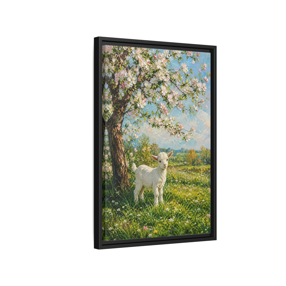 Side Mockup 3. Animals Baby Goat Spring Meadow Goat shown as stretched canvas wall art