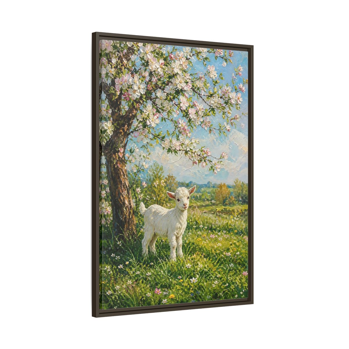 Main Mockup. Animals Baby Goat Spring Meadow Goat shown as stretched canvas wall art