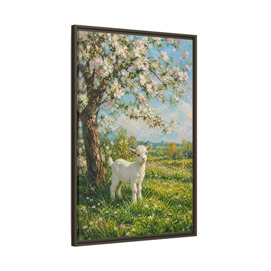 Main Mockup. Animals Baby Goat Spring Meadow Goat shown as stretched canvas wall art