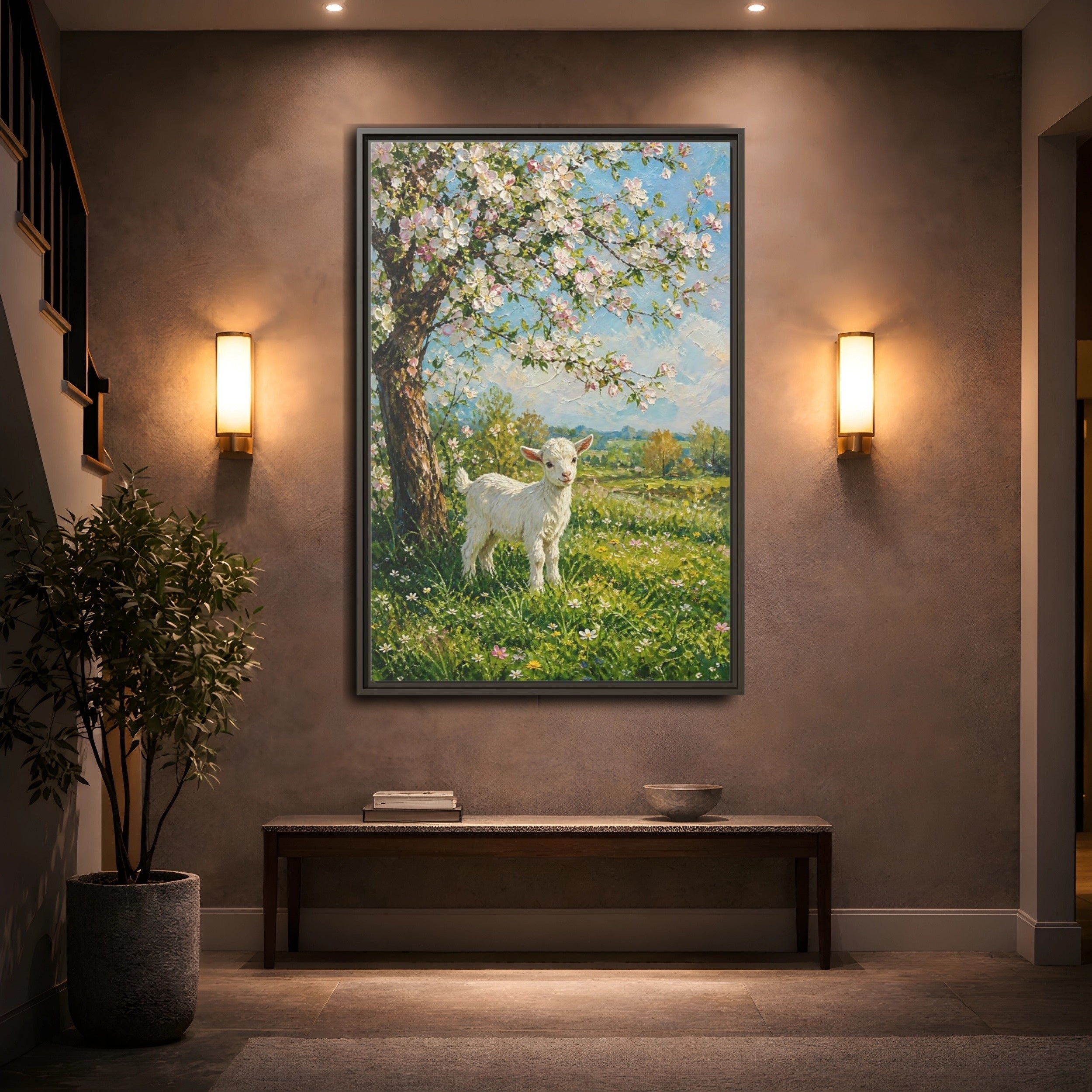 Mockup 2. Animals Baby Goat Spring Meadow Goat shown as stretched canvas wall art