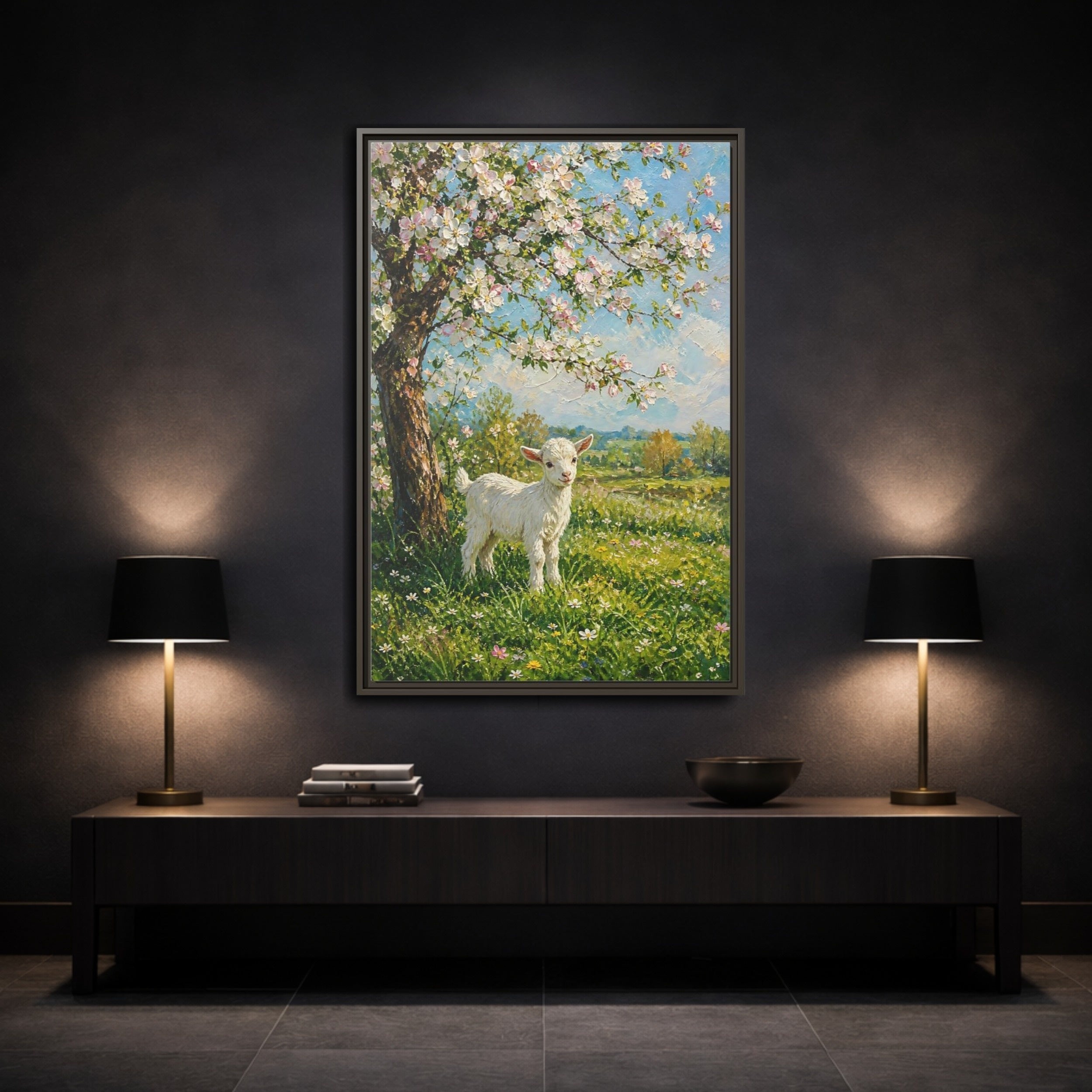 Mockup 3. Animals Baby Goat Spring Meadow Goat shown as stretched canvas wall art