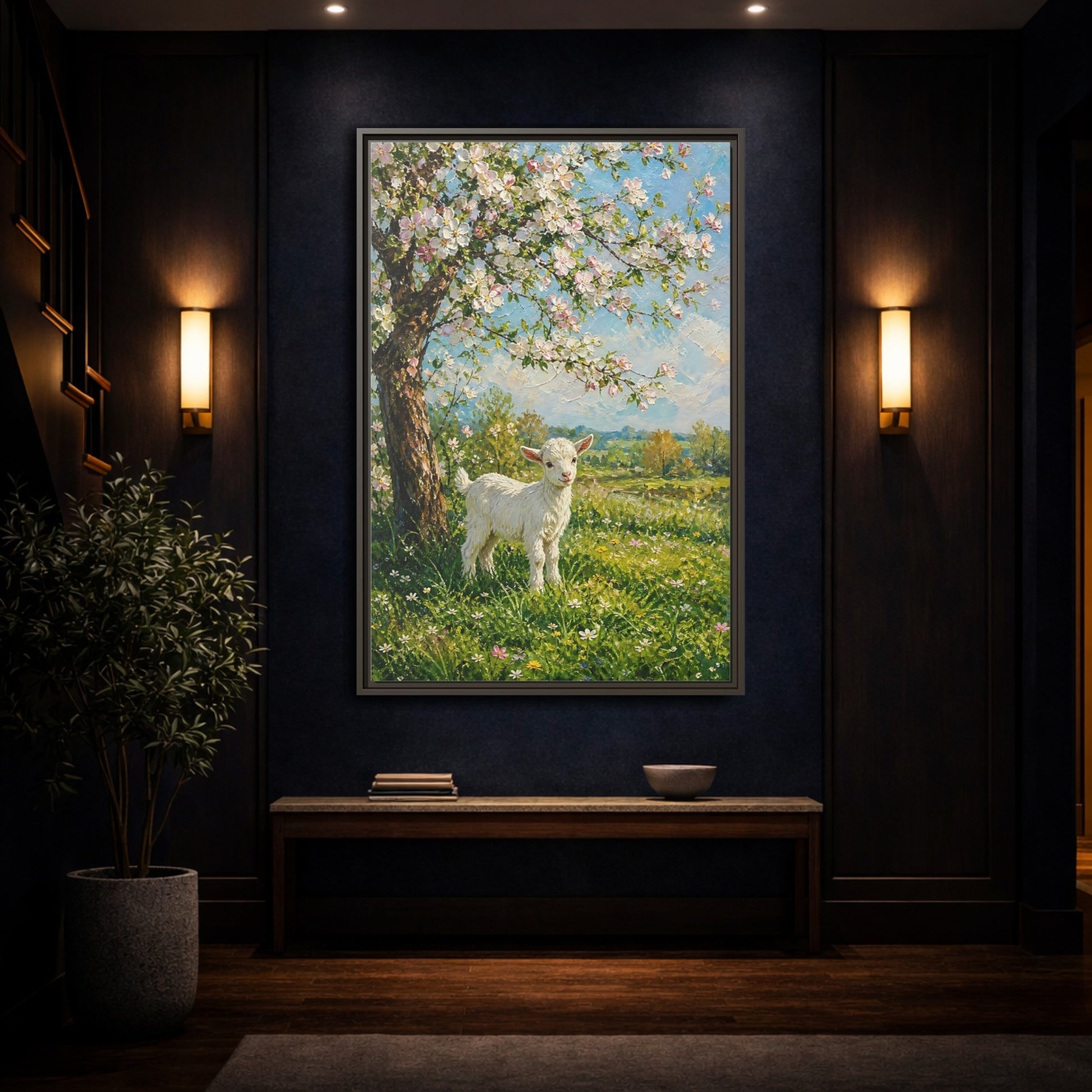 Mockup 4. Animals Baby Goat Spring Meadow Goat shown as stretched canvas wall art