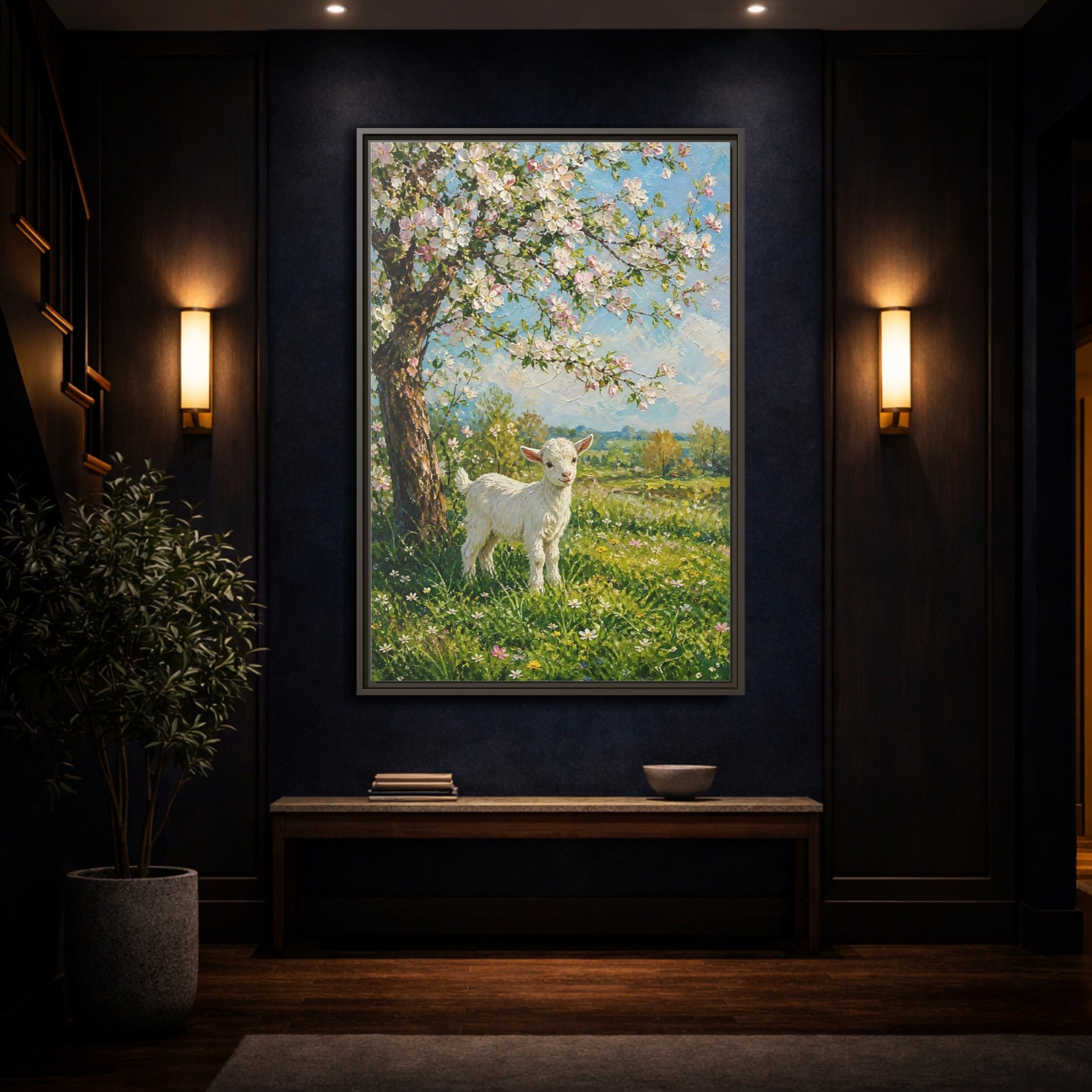 Mockup 4. Animals Baby Goat Spring Meadow Goat shown as stretched canvas wall art