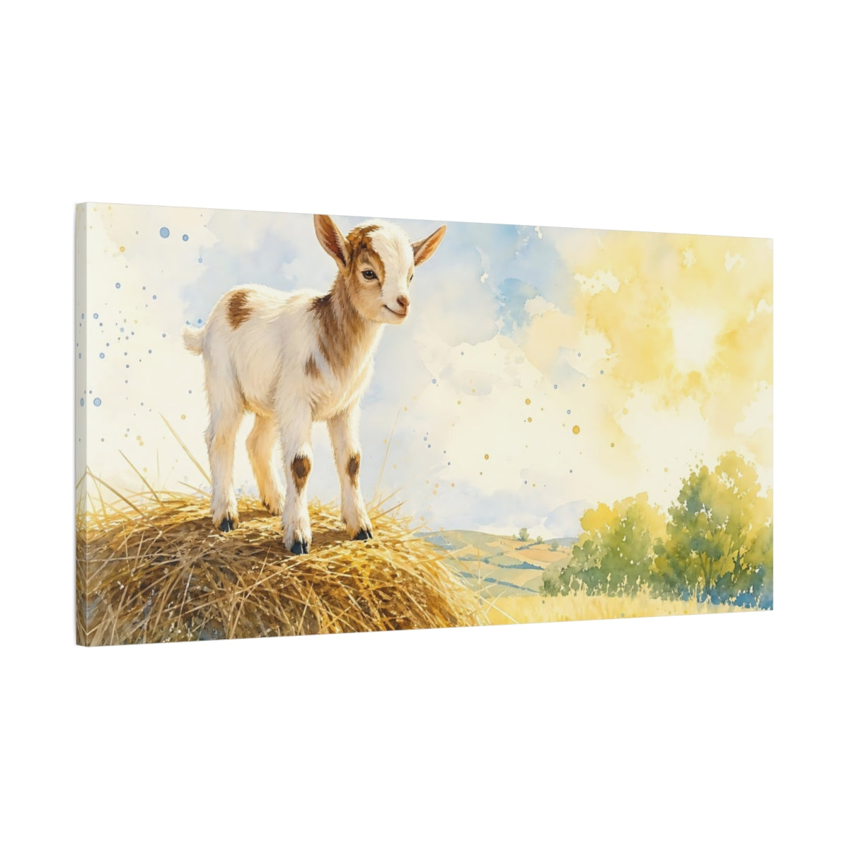Main Mockup. Animals Baby Goat Watercolor Baby Goat shown as stretched canvas wall art
