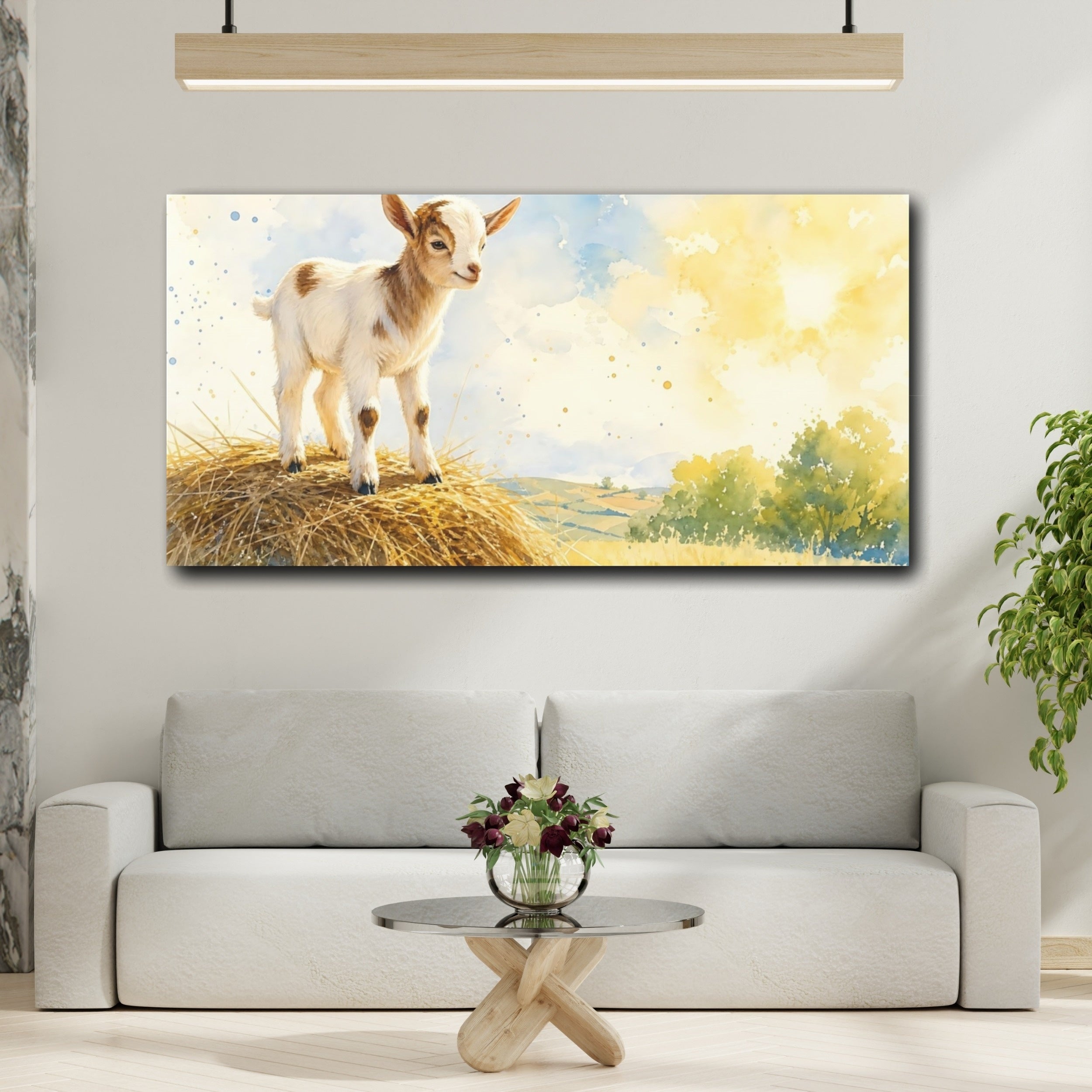 Mockup 2. Animals Baby Goat Watercolor Baby Goat shown as stretched canvas wall art