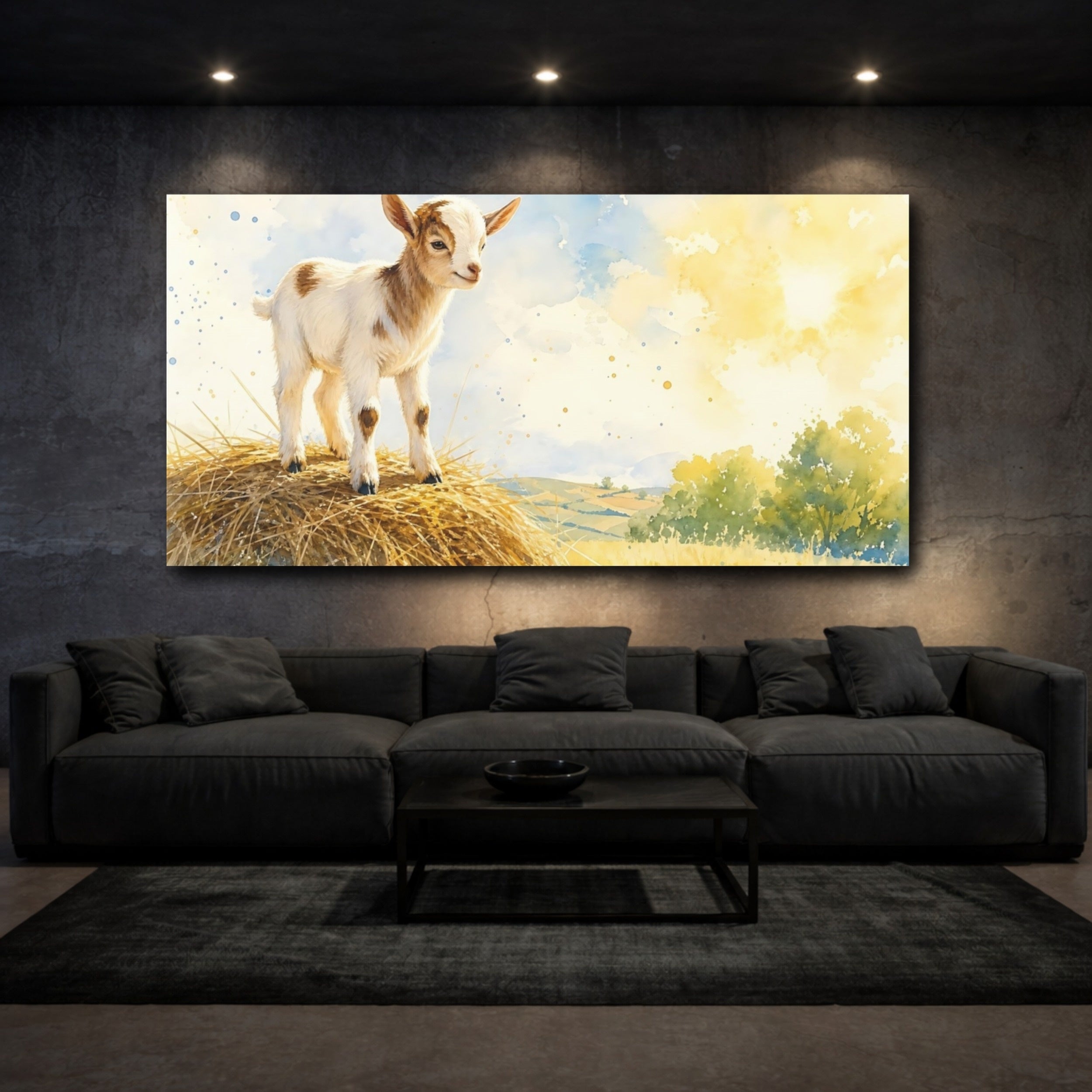 Mockup 3. Animals Baby Goat Watercolor Baby Goat shown as stretched canvas wall art