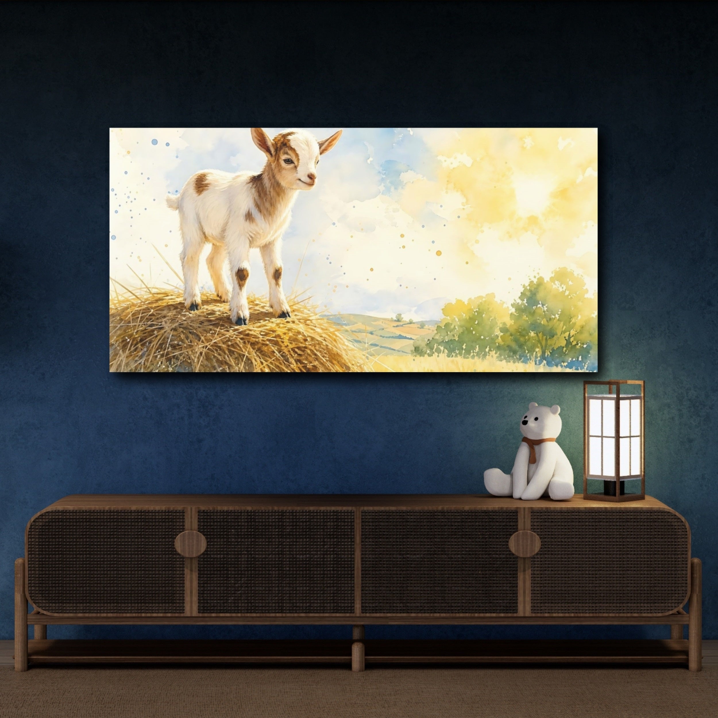 Mockup 4. Animals Baby Goat Watercolor Baby Goat shown as stretched canvas wall art