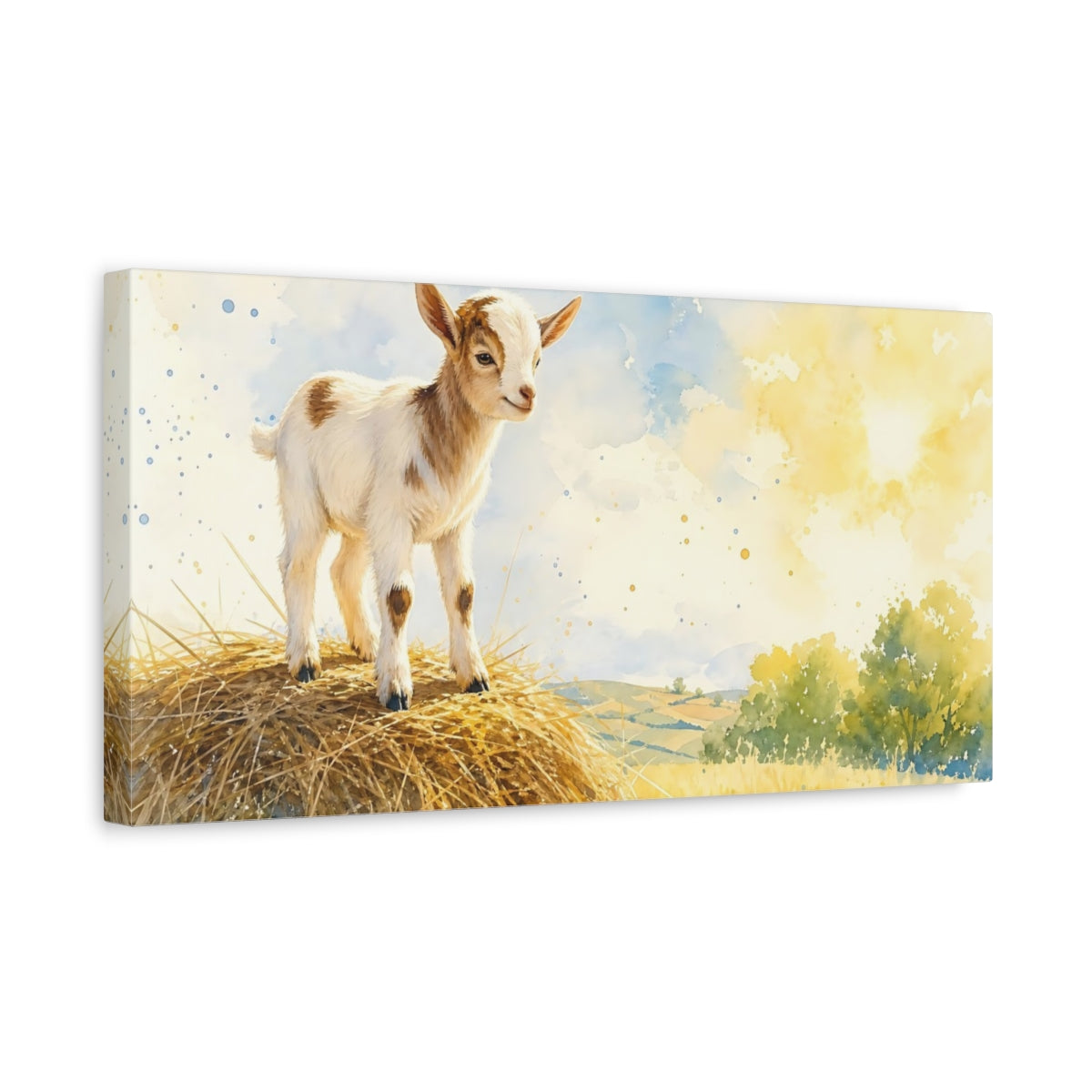 Side Mockup 3. Animals Baby Goat Watercolor Baby Goat shown as stretched canvas wall art