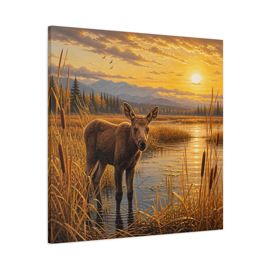 Main Mockup. Animals Baby Moose Golden Sunset shown as stretched canvas wall art