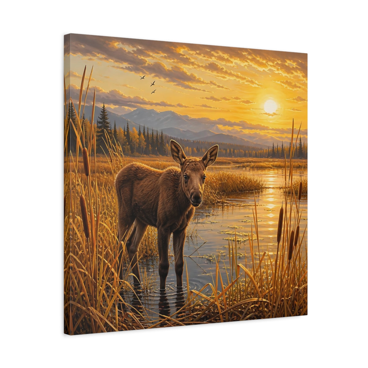Side Mockup 4. Animals Baby Moose Golden Sunset shown as stretched canvas wall art