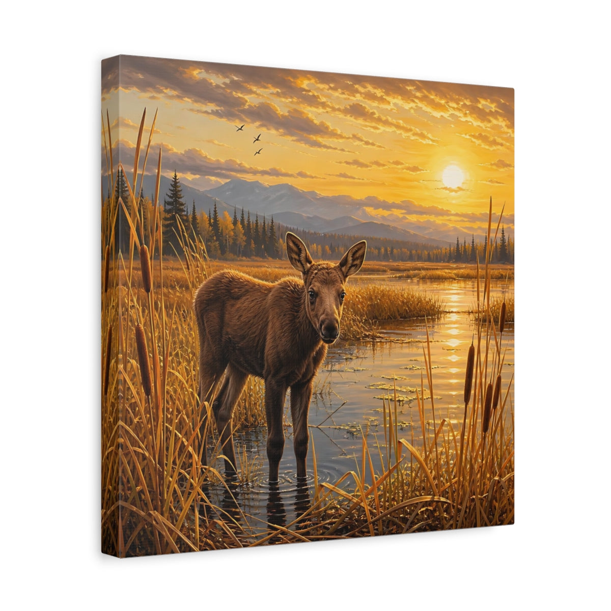 Side Mockup 7. Animals Baby Moose Golden Sunset shown as stretched canvas wall art