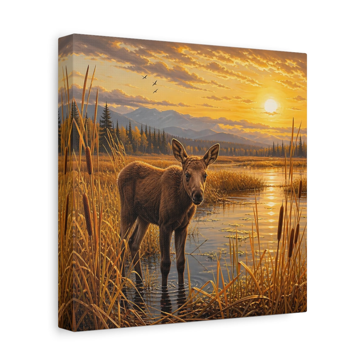 Side Mockup 9. Animals Baby Moose Golden Sunset shown as stretched canvas wall art