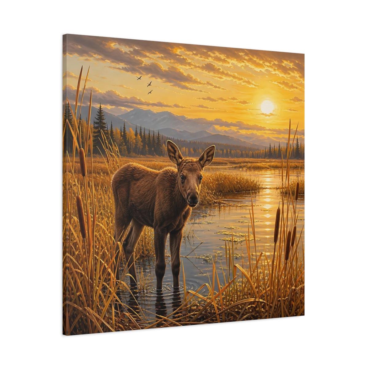 Side Mockup 1. Animals Baby Moose Golden Sunset shown as stretched canvas wall art