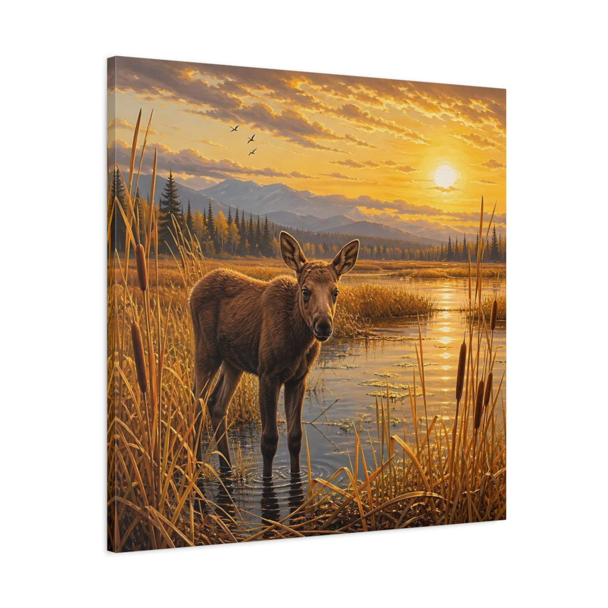 Side Mockup 3. Animals Baby Moose Golden Sunset shown as stretched canvas wall art