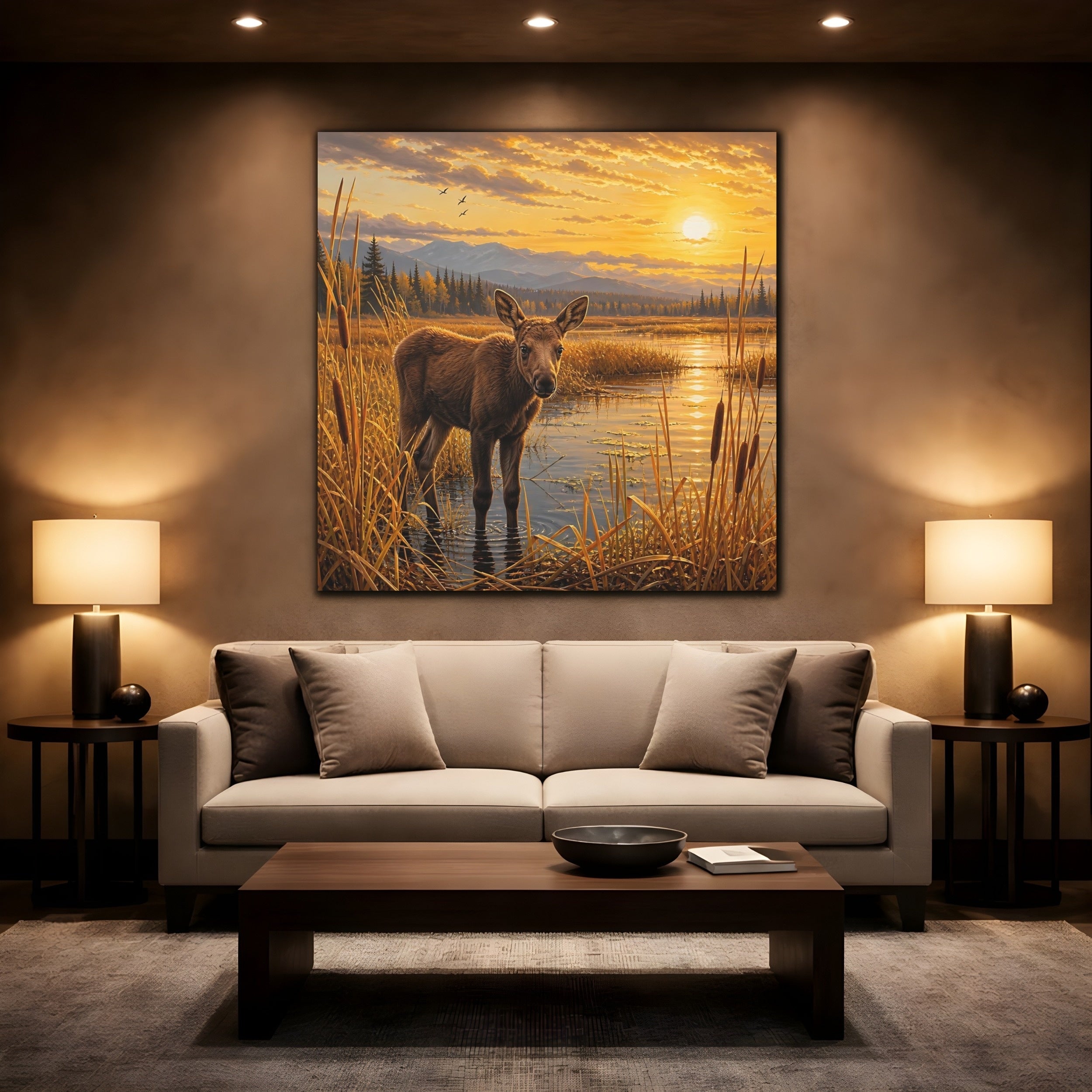 Mockup 2. Animals Baby Moose Golden Sunset shown as stretched canvas wall art