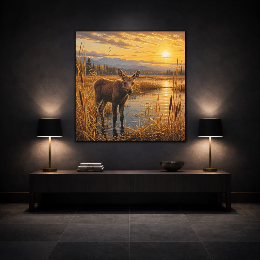 Mockup 3. Animals Baby Moose Golden Sunset shown as stretched canvas wall art