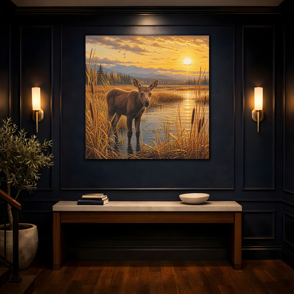 Mockup 4. Animals Baby Moose Golden Sunset shown as stretched canvas wall art