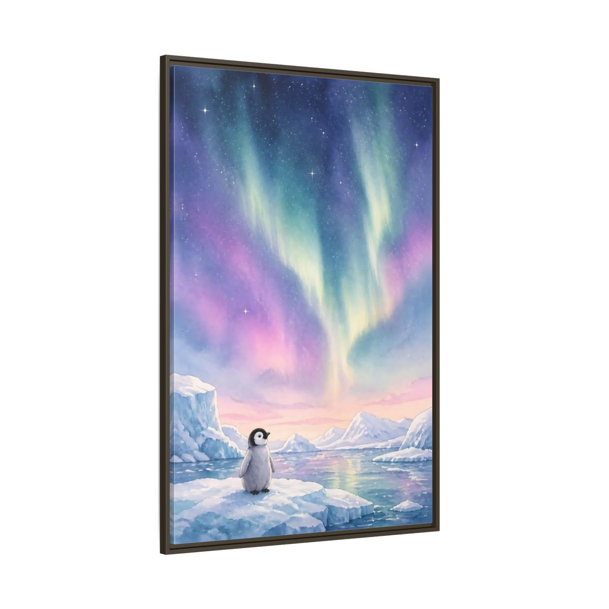 Side Mockup 8. Animals Baby Penguin Pastel Aurora shown as stretched canvas wall art