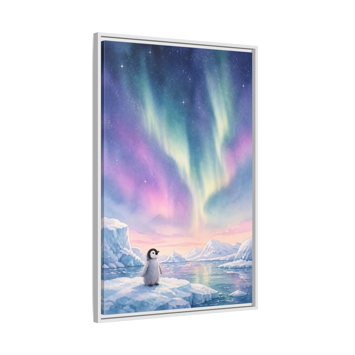 Side Mockup 9. Animals Baby Penguin Pastel Aurora shown as stretched canvas wall art