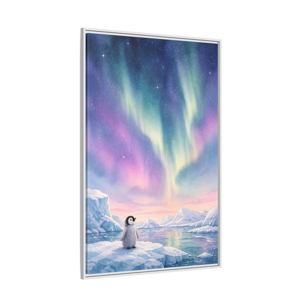 Side Mockup 7. Animals Baby Penguin Pastel Aurora shown as stretched canvas wall art
