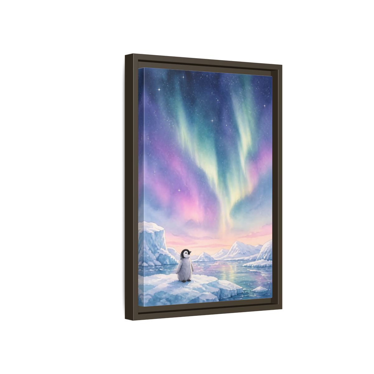 Side Mockup 5. Animals Baby Penguin Pastel Aurora shown as stretched canvas wall art