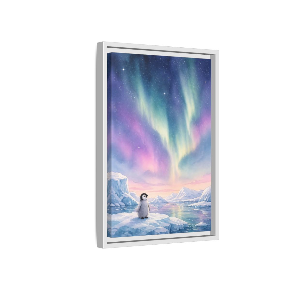 Side Mockup 4. Animals Baby Penguin Pastel Aurora shown as stretched canvas wall art