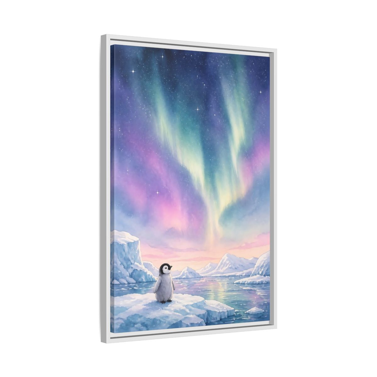 Side Mockup 10. Animals Baby Penguin Pastel Aurora shown as stretched canvas wall art