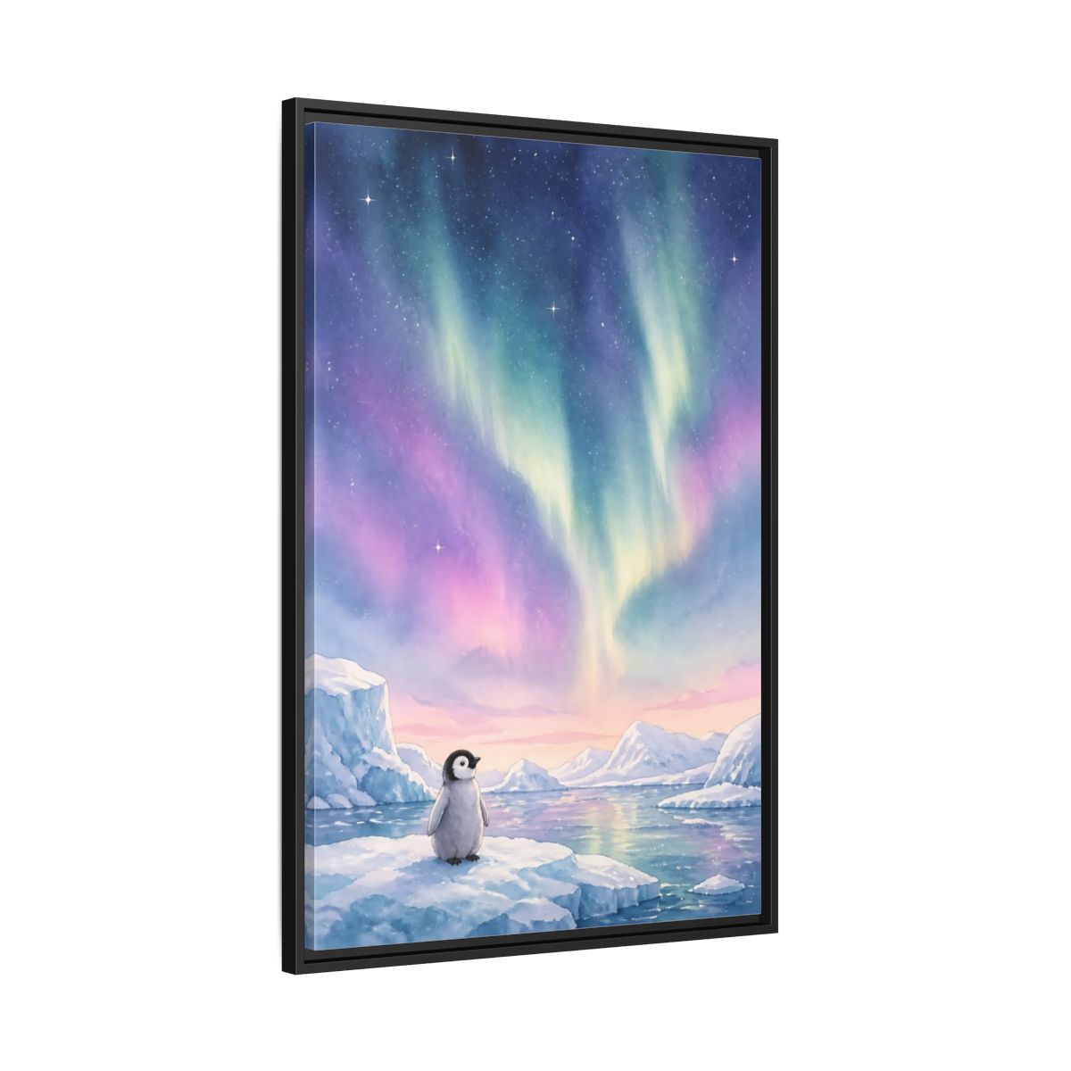 Side Mockup 13. Animals Baby Penguin Pastel Aurora shown as stretched canvas wall art