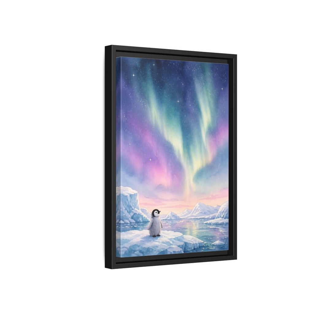 Side Mockup 6. Animals Baby Penguin Pastel Aurora shown as stretched canvas wall art