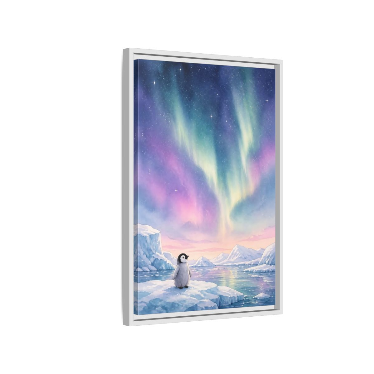 Side Mockup 1. Animals Baby Penguin Pastel Aurora shown as stretched canvas wall art