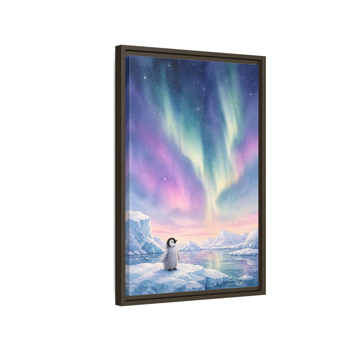 Side Mockup 2. Animals Baby Penguin Pastel Aurora shown as stretched canvas wall art