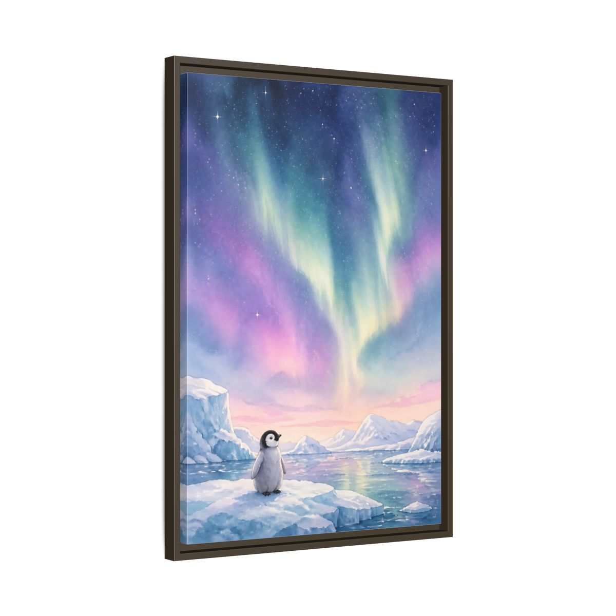 Side Mockup 11. Animals Baby Penguin Pastel Aurora shown as stretched canvas wall art