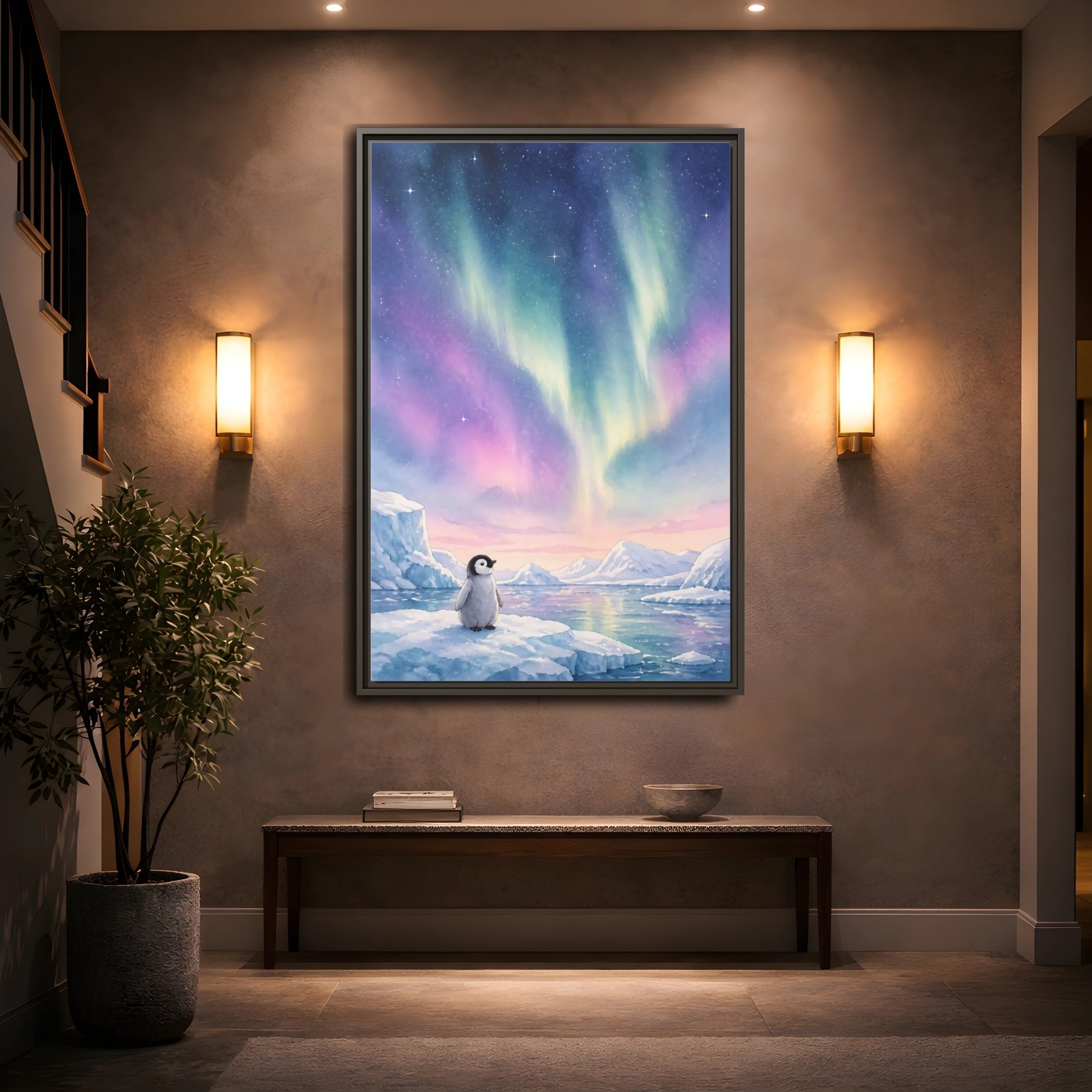 Mockup 2. Animals Baby Penguin Pastel Aurora shown as stretched canvas wall art