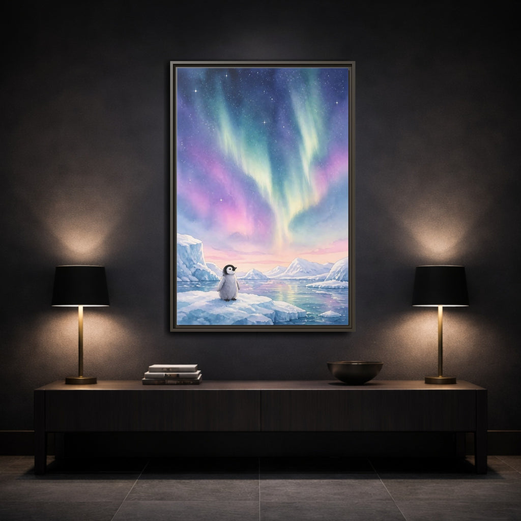 Mockup 3. Animals Baby Penguin Pastel Aurora shown as stretched canvas wall art