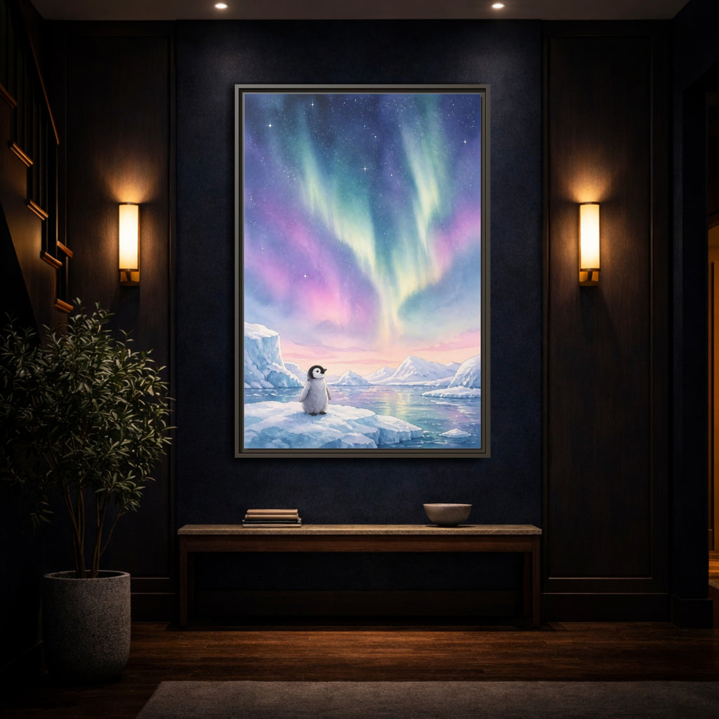 Mockup 4. Animals Baby Penguin Pastel Aurora shown as stretched canvas wall art