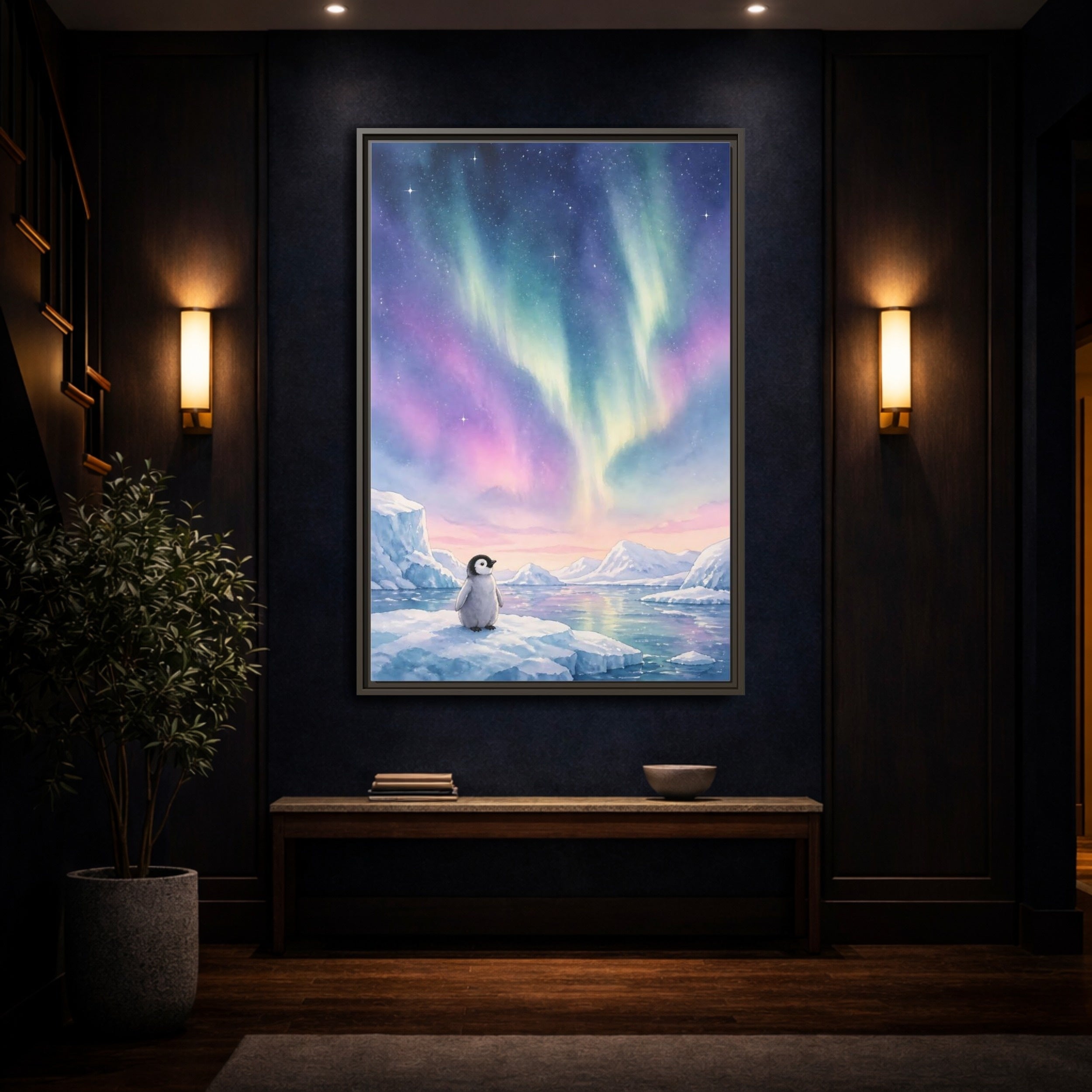 Mockup 4. Animals Baby Penguin Pastel Aurora shown as stretched canvas wall art