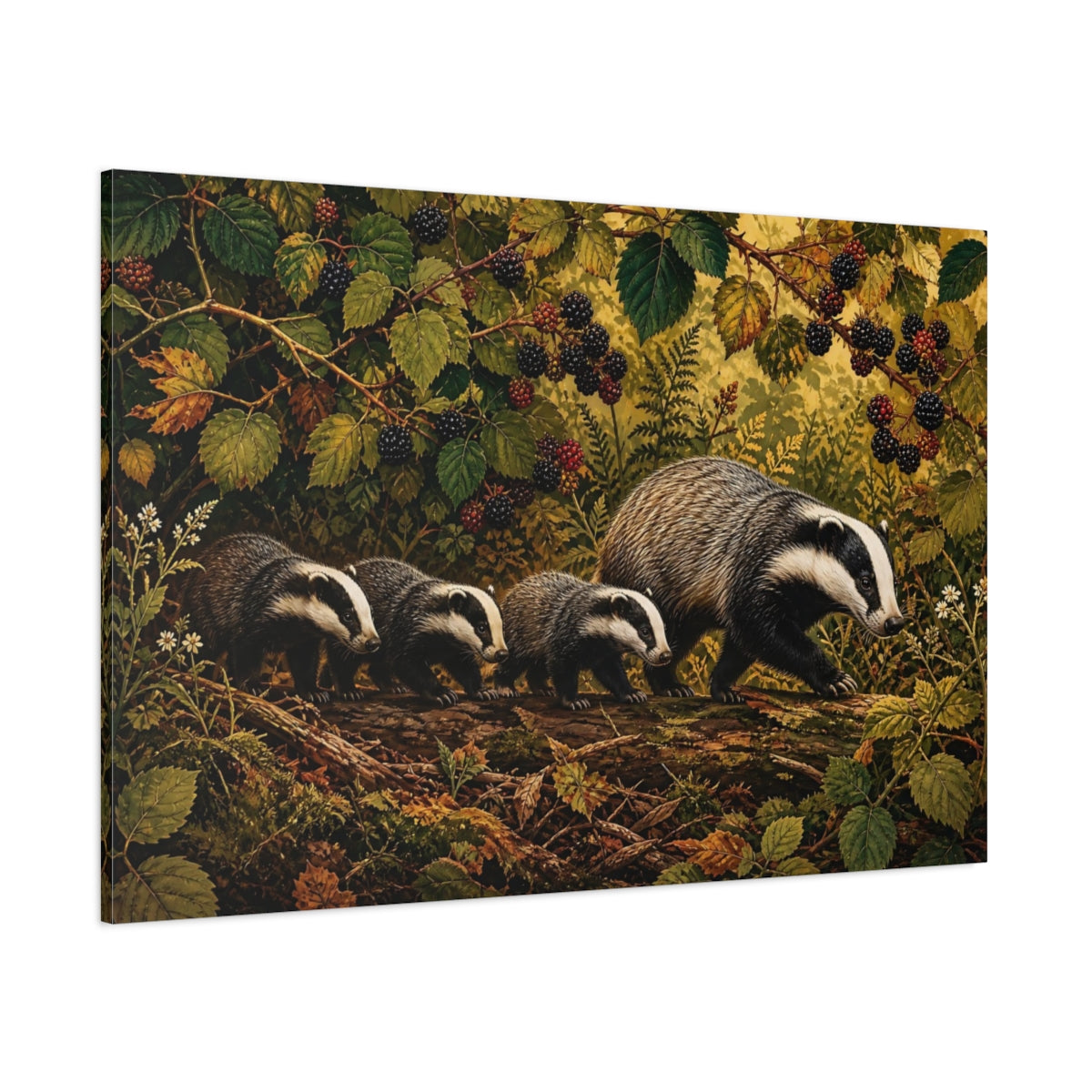 Side Mockup 1. Animals Badgers Badgers In Forest shown as stretched canvas wall art