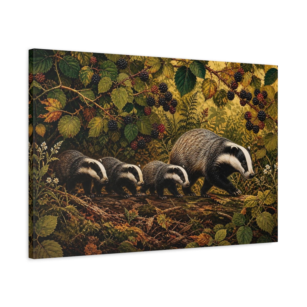 Side Mockup 2. Animals Badgers Badgers In Forest shown as stretched canvas wall art