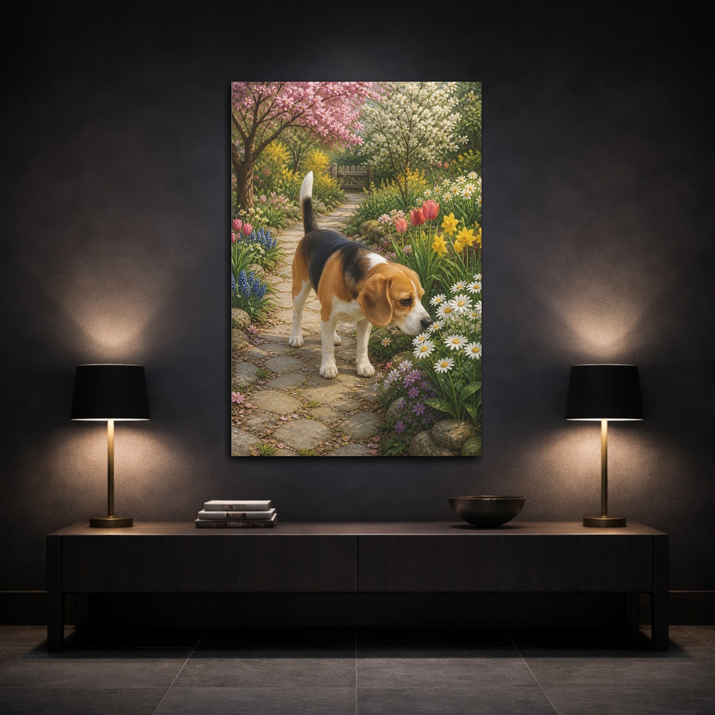 Mockup 3. Animals Beagle Beagle Colorful Garden shown as stretched canvas wall art
