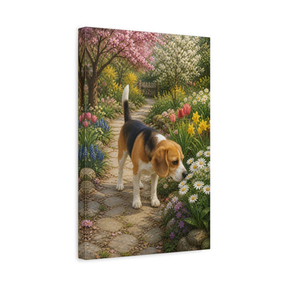 Side Mockup 4. Animals Beagle Beagle Colorful Garden shown as stretched canvas wall art
