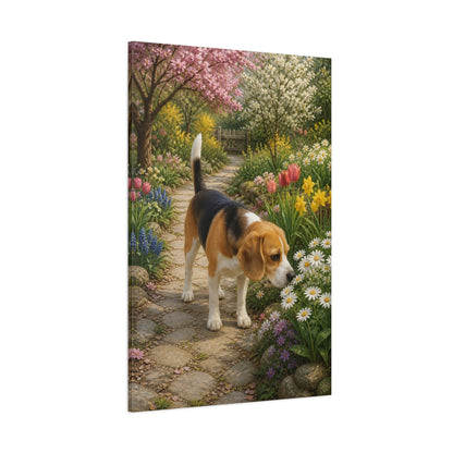 Side Mockup 1. Animals Beagle Beagle Colorful Garden shown as stretched canvas wall art