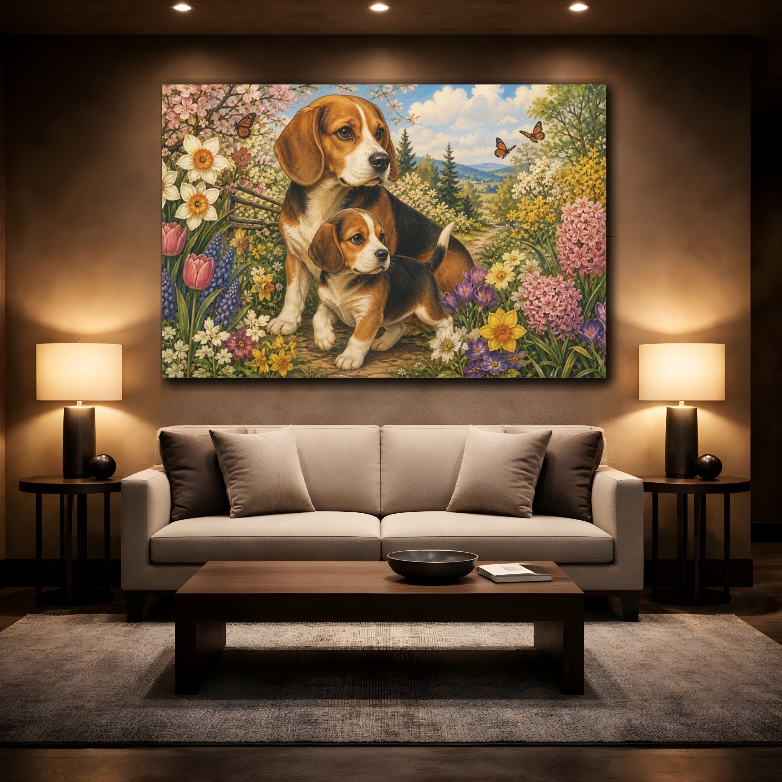 Mockup 2. Animals Beagle Dogs Beagle Puppy Garden shown as stretched canvas wall art