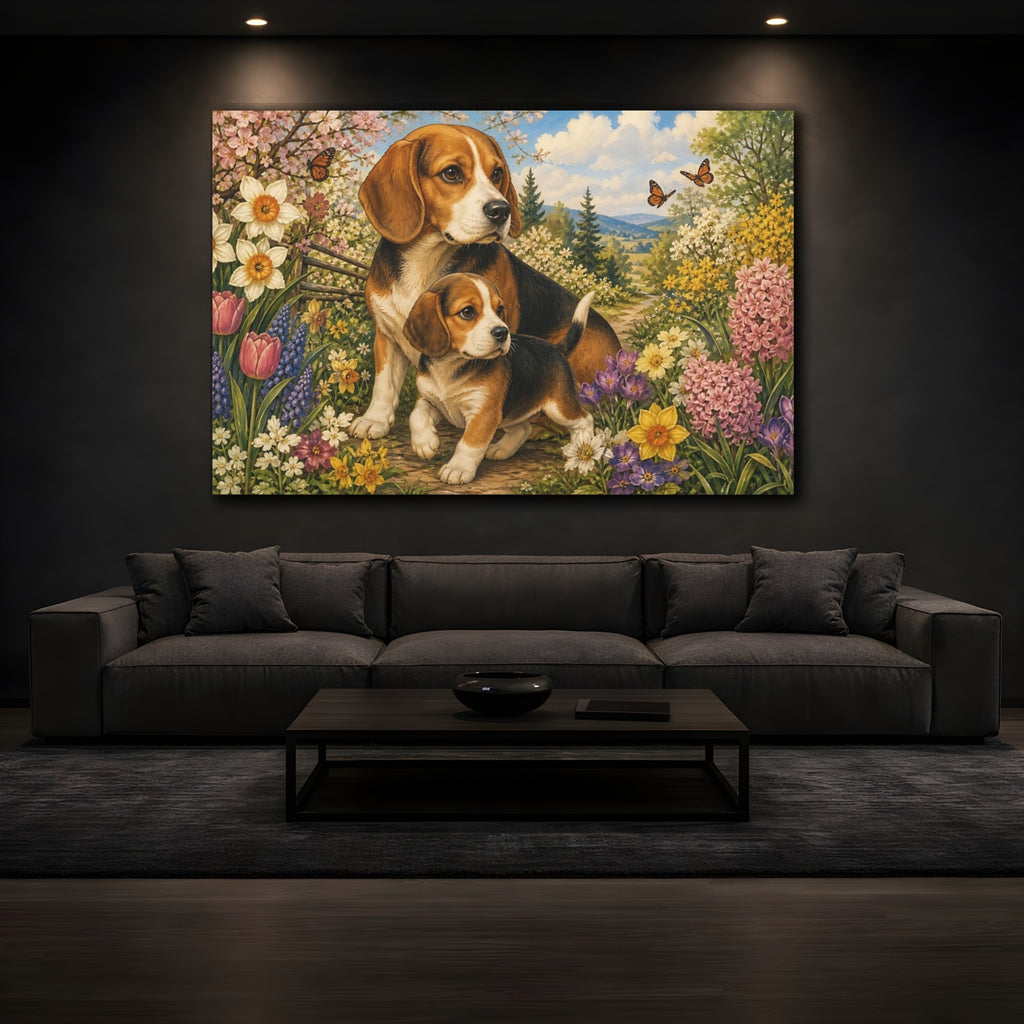 Mockup 3. Animals Beagle Dogs Beagle Puppy Garden shown as stretched canvas wall art