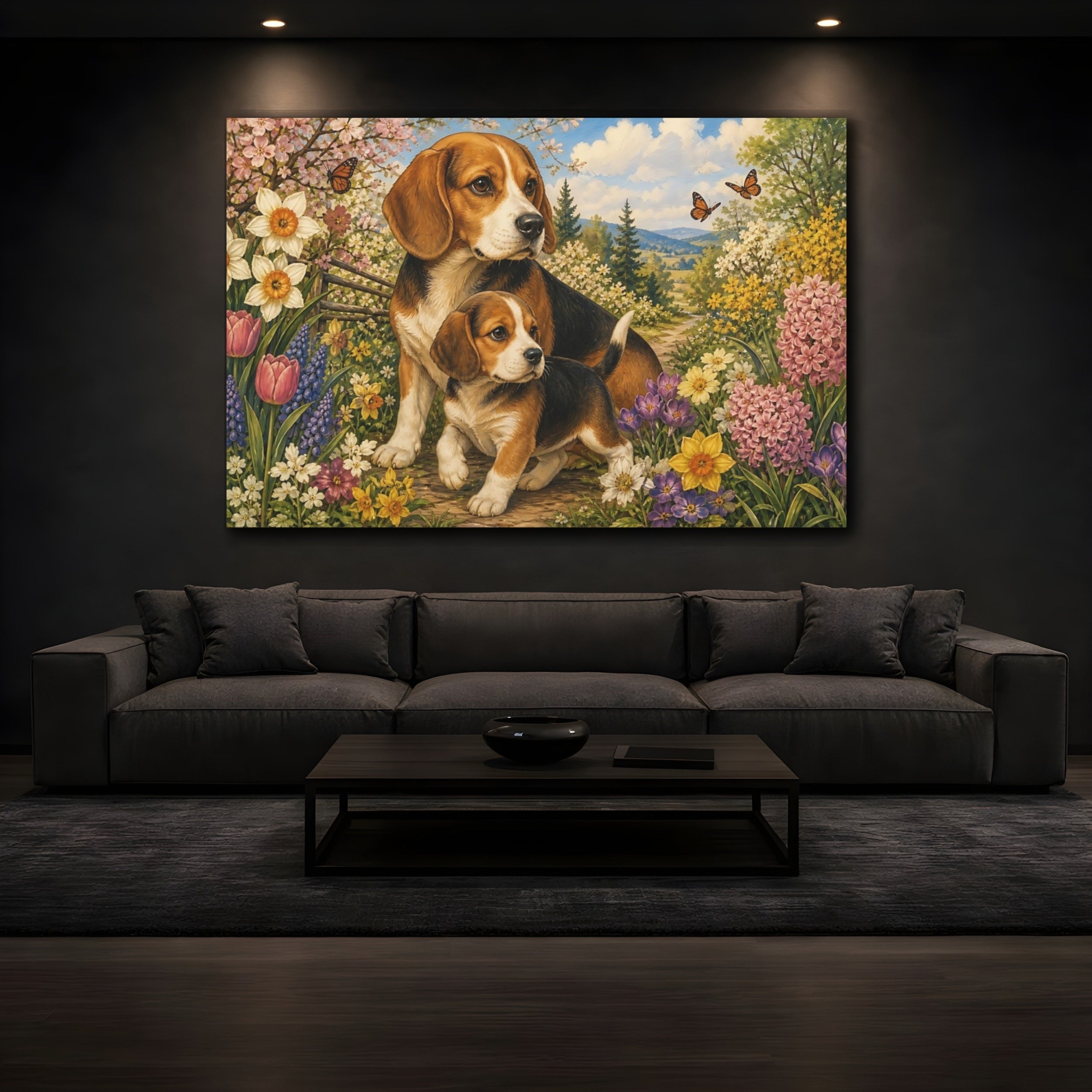 Mockup 3. Animals Beagle Dogs Beagle Puppy Garden shown as stretched canvas wall art