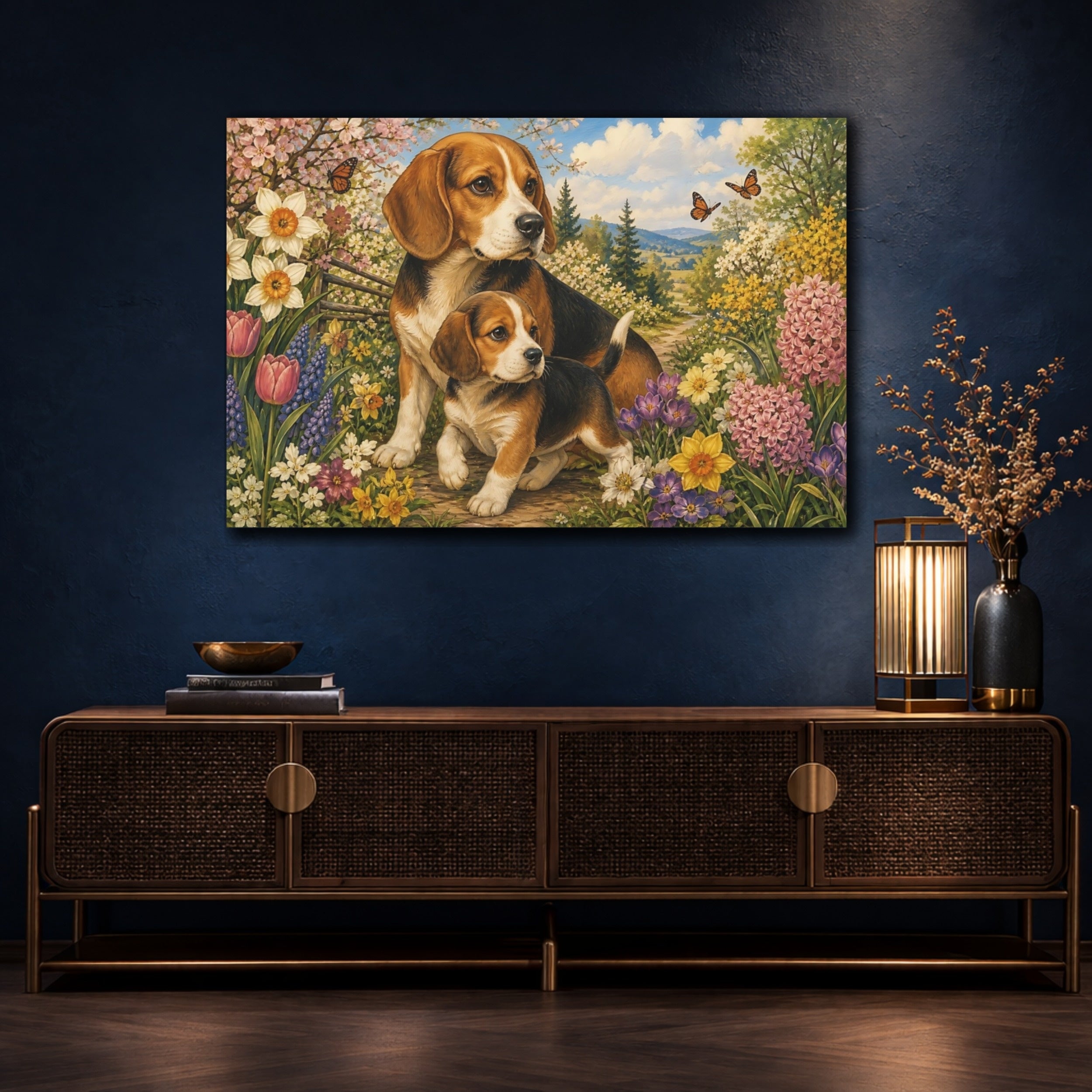 Mockup 4. Animals Beagle Dogs Beagle Puppy Garden shown as stretched canvas wall art