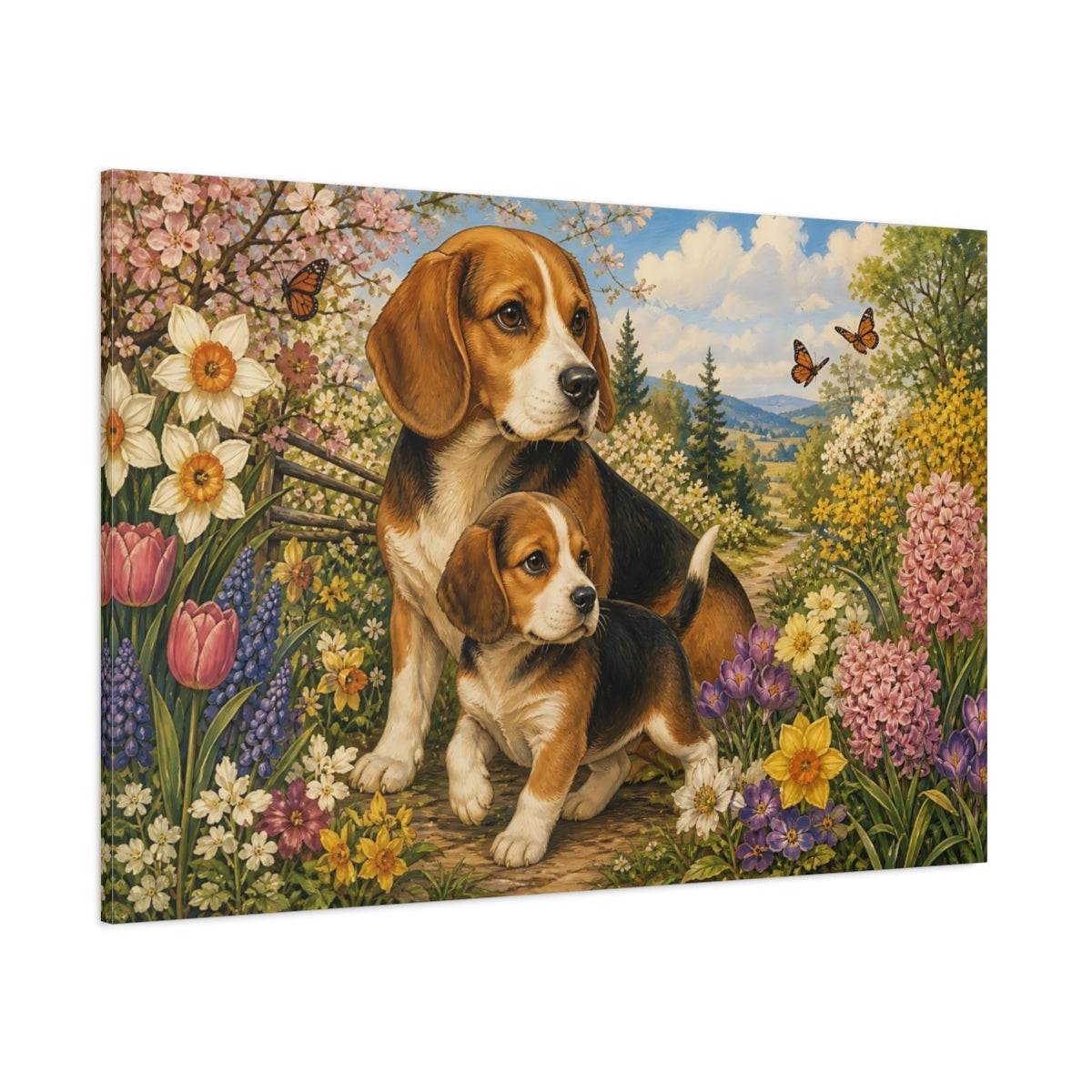 Side Mockup 1. Animals Beagle Dogs Beagle Puppy Garden shown as stretched canvas wall art