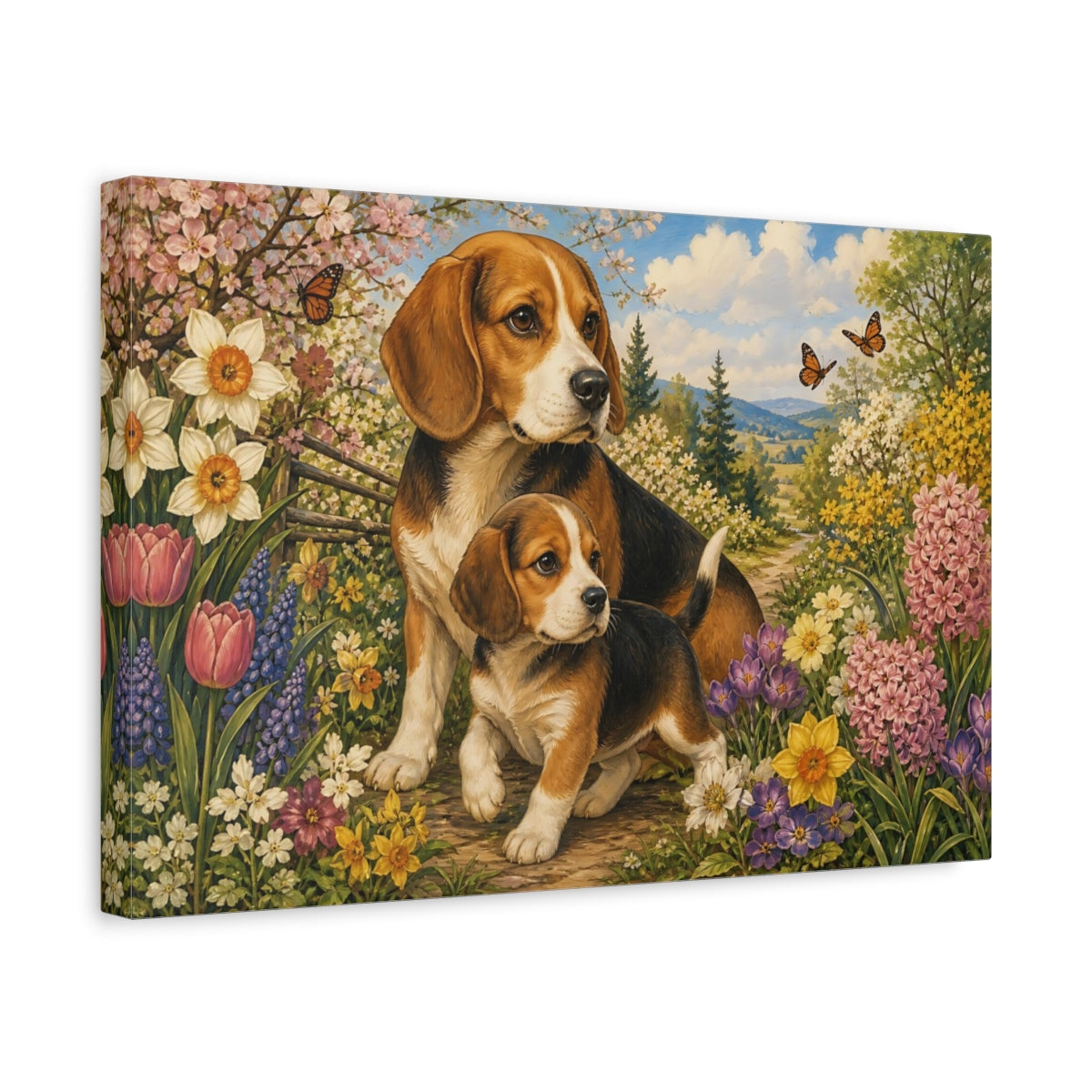 Side Mockup 4. Animals Beagle Dogs Beagle Puppy Garden shown as stretched canvas wall art